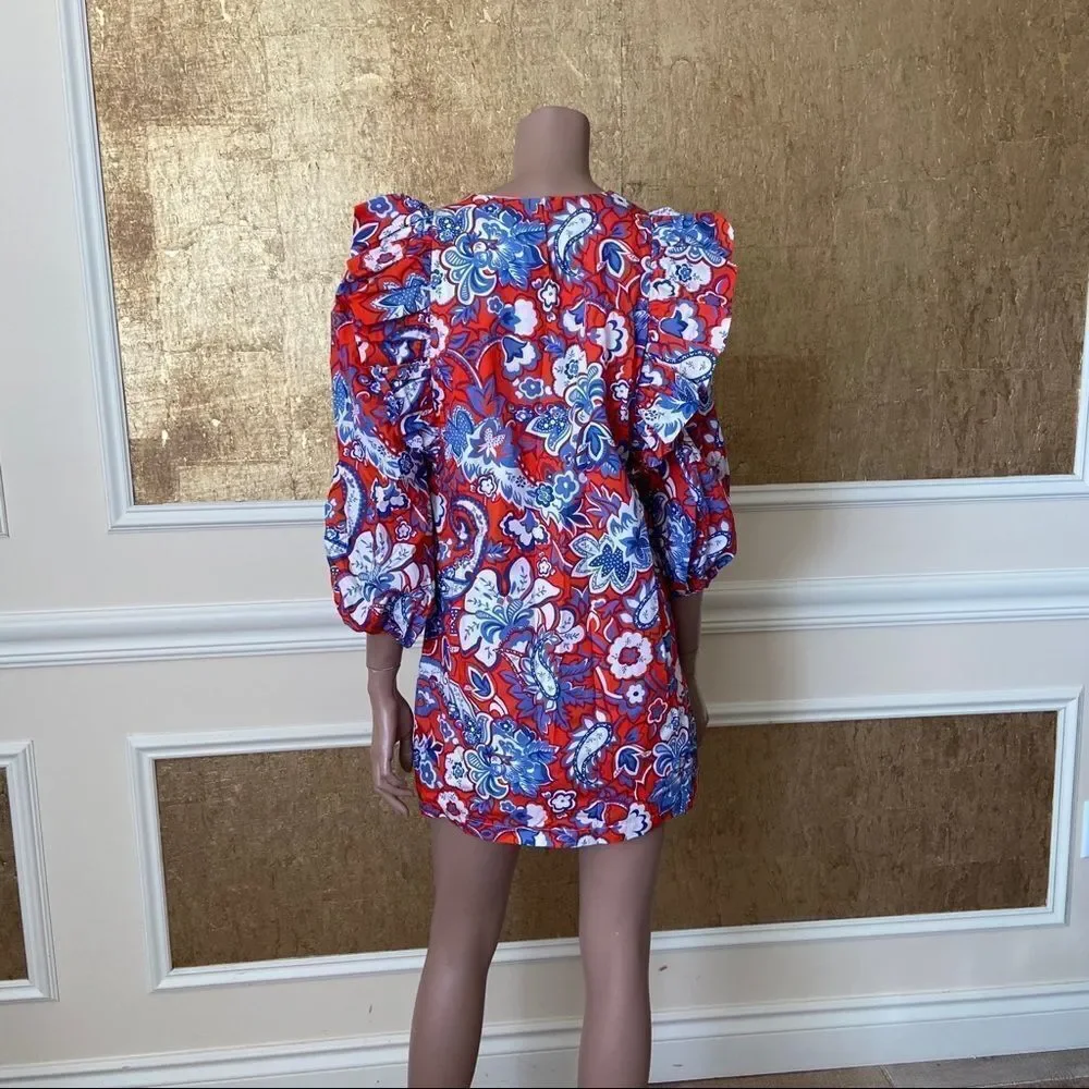 NWT! ZARA blue/red floral print ruffled mini boho dress XS